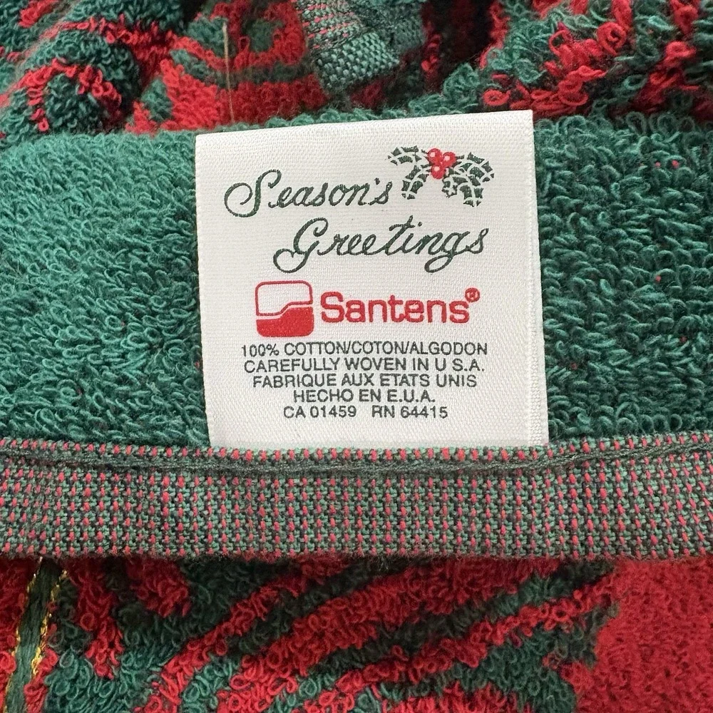 Vtg Santens Christmas Holiday Bath Towel Embroidered Joy Red Green Jacquard MCM